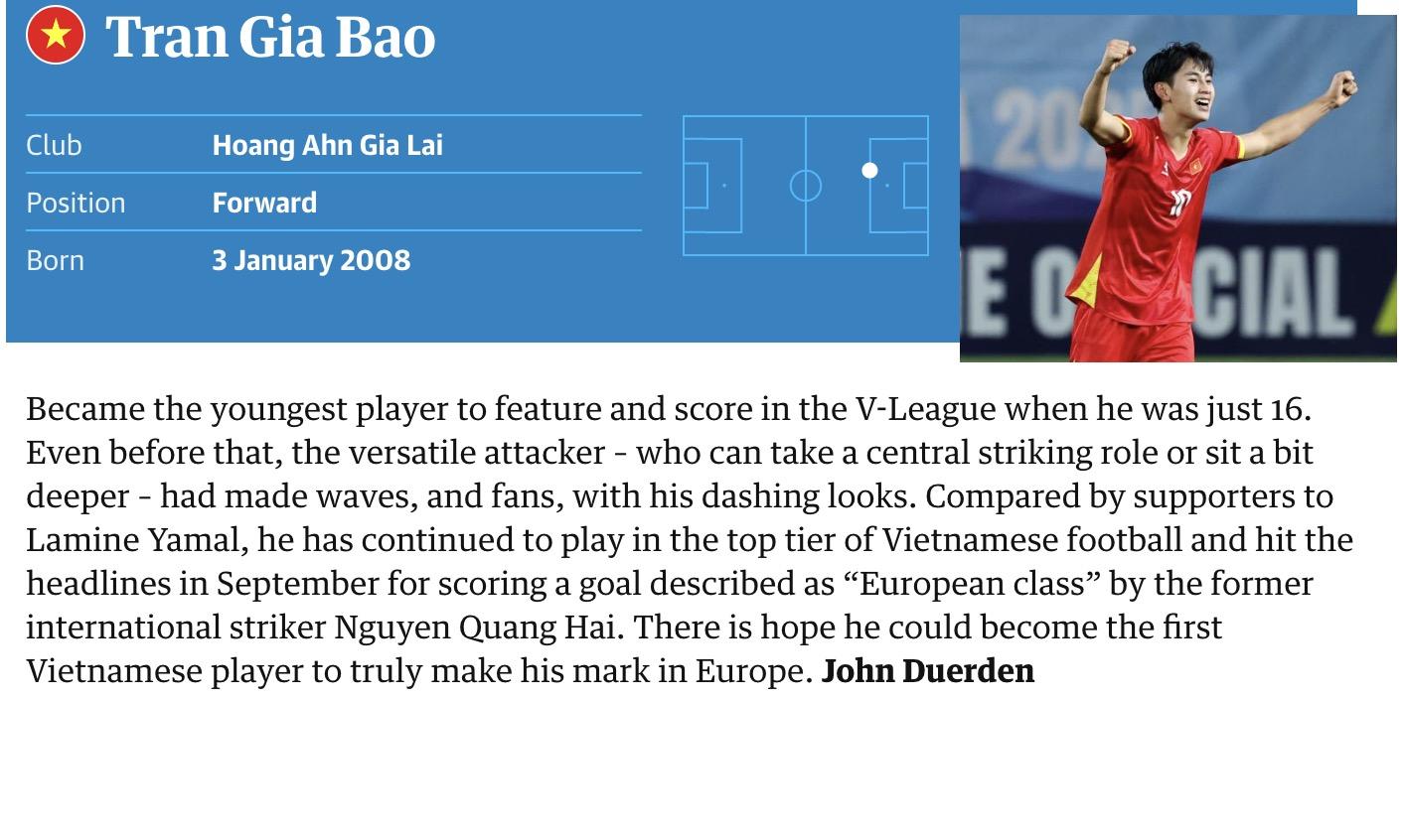 Gia Bảo lọt top 60 tài năng trẻ năm 2025 của tờ The Guardian