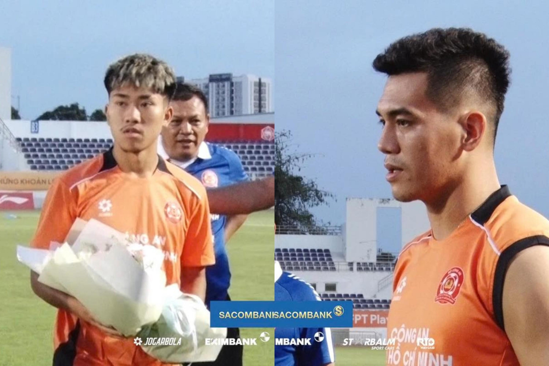 Tiến Linh tặng hoa và gửi lời chào mừng đến với tân binh Khoa Ngô